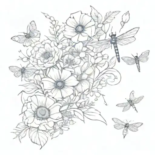 A sketch style tattoo design of a garden filled with different types of flowers, with hidden images of baby footprints and dragonflies scattered throughout, reflecting the client's interests tattoo design idea