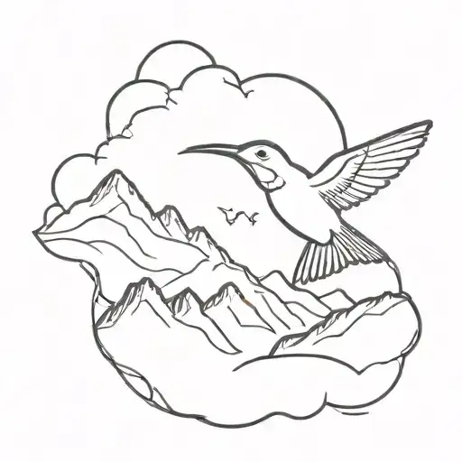 A minimalist design of a hummingbird and hawk flying together over a mountain range tattoo design idea