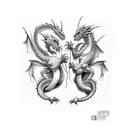 Two Dragons fighting. Their tails intertwinned tattoo design idea