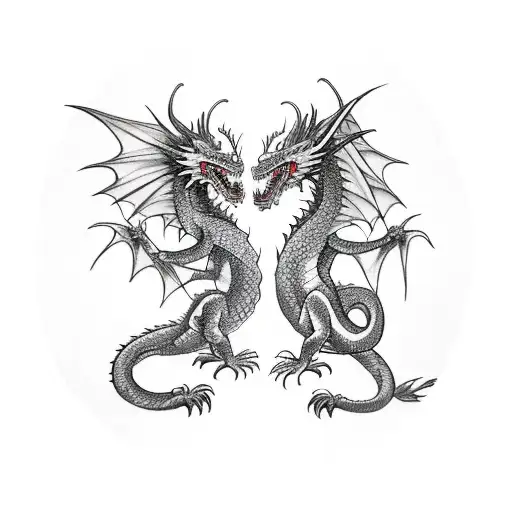 Two Dragons fighting. Their tails intertwinned tattoo design idea