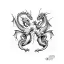 Two Dragons fighting. Their tails intertwinned tattoo design idea