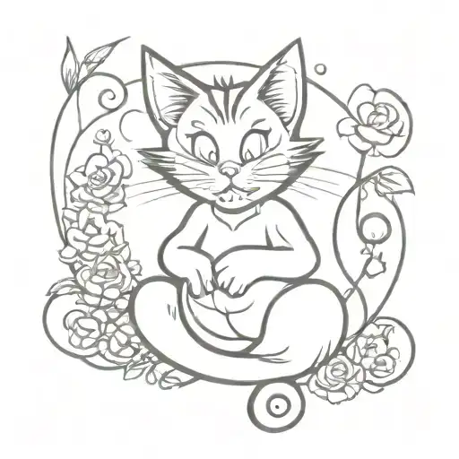 garfield as cheshire cat sitting, asparrow flying with a daisy in its beak, Pandora's box opening, lily, rose, music not tattoo design idea