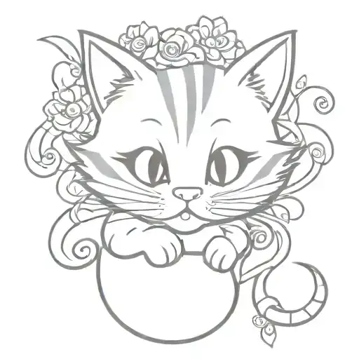 garfield as cheshire cat sitting, asparrow flying with a daisy in its beak, Pandora's box opening, lily, rose, music not tattoo design idea