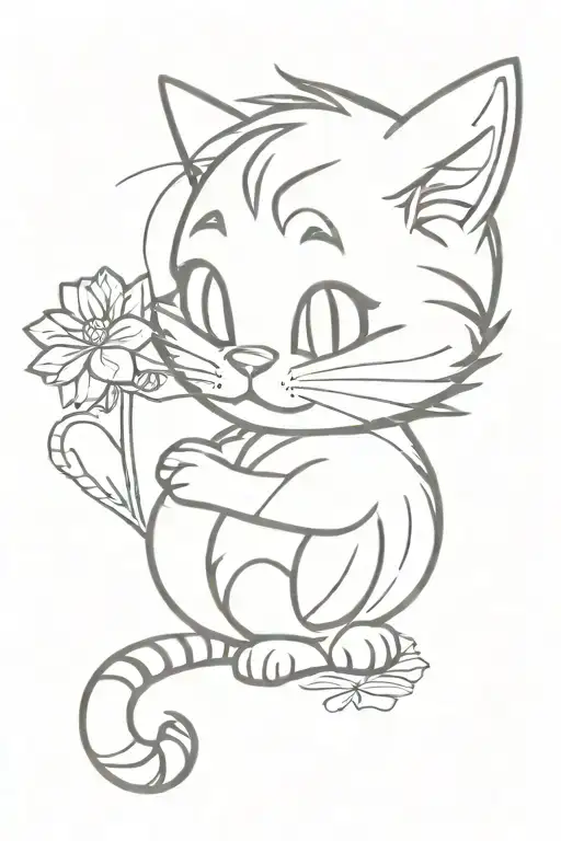 garfield as the cheshire cat sitting, Pandora's Box opening, sparrow flying with a daisy in its beak, and a small lion   tattoo design idea