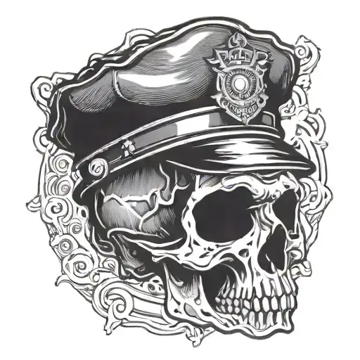 Skull wearing a skally cap with police badge in blackwork style tattoo design idea