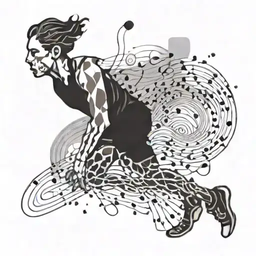 An abstract representation of a runner with musical notes intertwined tattoo design idea
