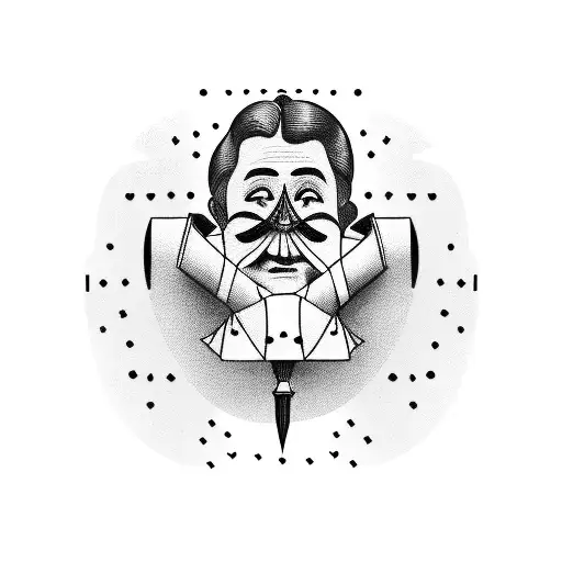 A theater mask depicting comedy and tragedy, with barbells crossed behind it tattoo design idea