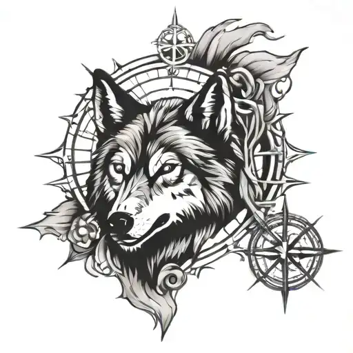 wolf and compass rose made tattoo design idea