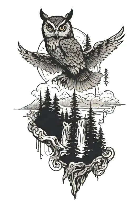 serene mountain landscape, flowing river, peaceful forest, incorporating symbols like an owl and biblical scriptures  tattoo design idea