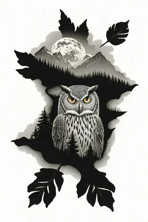 serene mountain landscape, flowing river, peaceful forest, incorporating an owl face, biblical scripture from Jesus  tattoo design idea