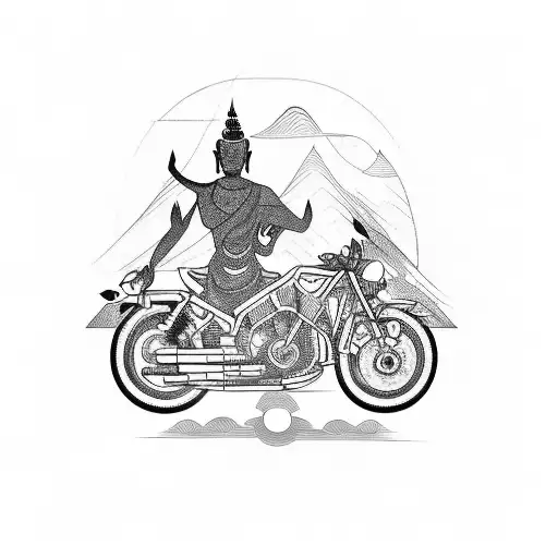motorcycle in the mountain with a buddhist touch tattoo design idea