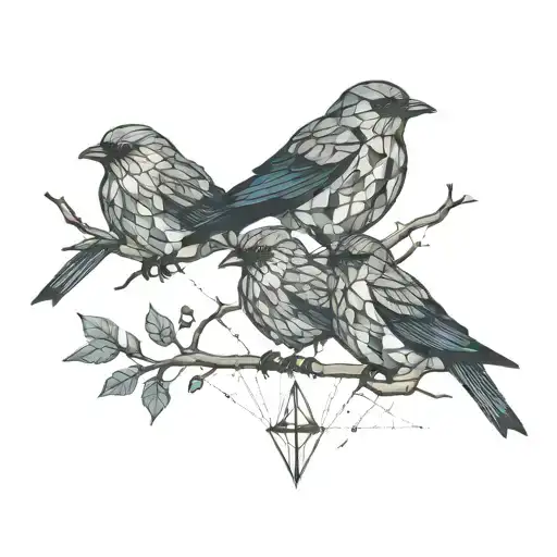 4 birds on a branch looking at two tiny birds flying away tattoo design idea