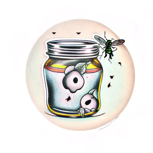 jar with flies and rotten apple inside tattoo design idea