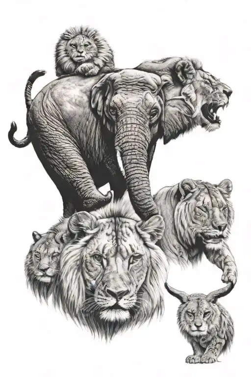 elephant, owl, baby lions upper body roaring, bear  tattoo design idea