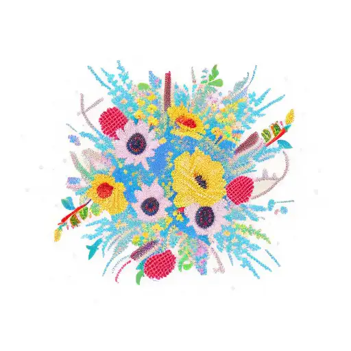 A vibrant bouquet of flowers with Taylor Swift lyrics woven through the stems tattoo design idea