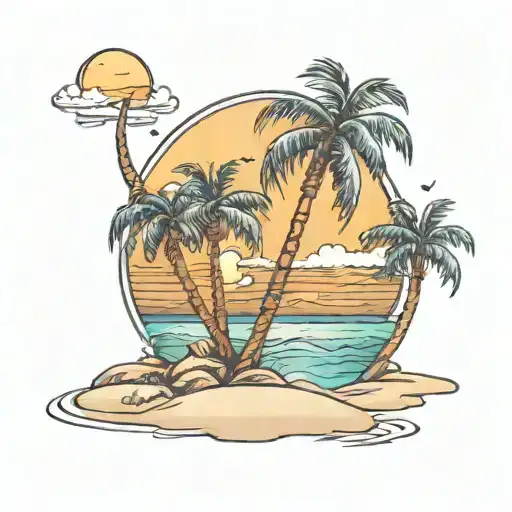 beach scene with palm trees montins and  a colck as the sunset  tattoo design idea
