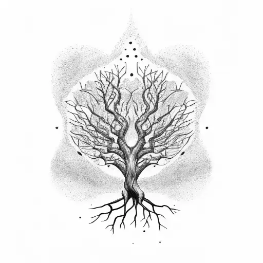A tree with roots shaped like the human spine, surrounded by stars tattoo design idea