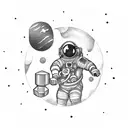 An astronaut floating in space while holding a dumbbell tattoo design idea