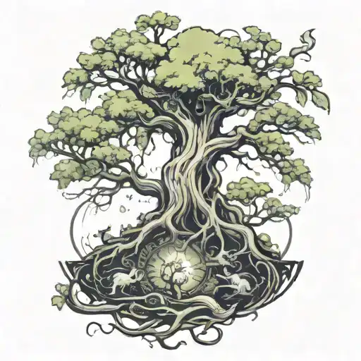 a tree growing into heaven with angels around and the roots growing into hell under the ground with demons around tattoo design idea