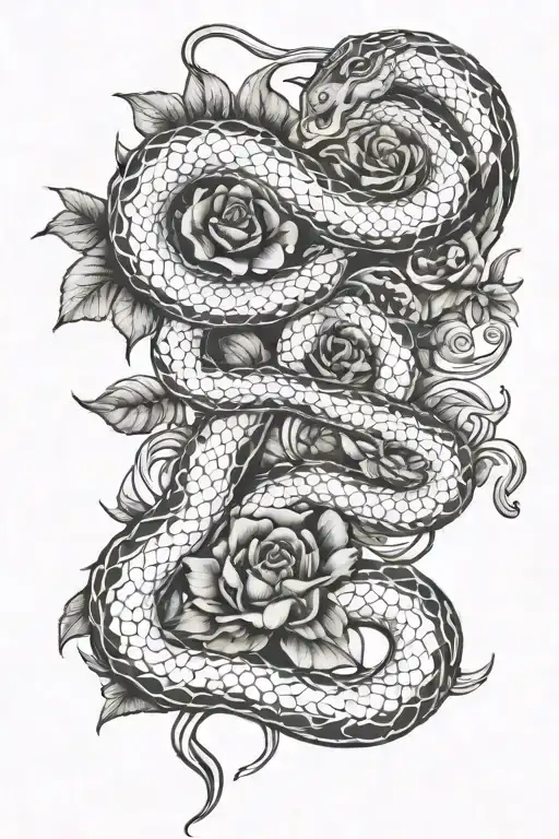 Madussa, posiedon, snakes, flowers intertwined tattoo design idea