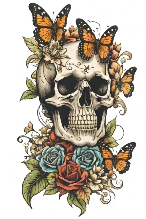flowers, butterfly, skull tattoo design idea