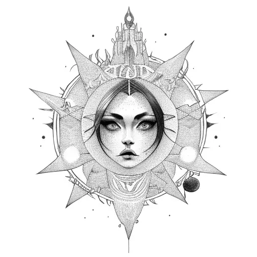 3 full body women one with a moon head one with a sun head and one with a star head tattoo design idea