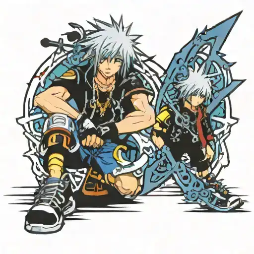 Image of Riku from kingdom hearts with his original clothes from the game and the "road to dawn" keyblade tattoo design idea