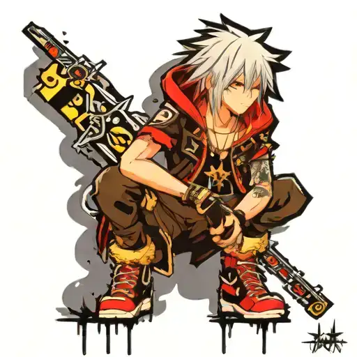Image of Riku from kingdom hearts with his original clothes from the game and the "road to dawn" keyblade tattoo design idea