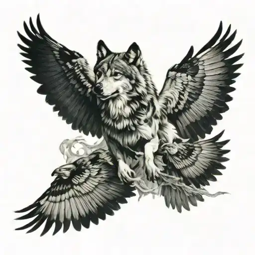Wolf and ravens flying tattoo design idea