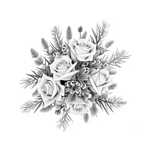 wedding bouquet of white roses, pinecones, live oak leaves, Cypress fronds, acorns and cypress cones tattoo design idea