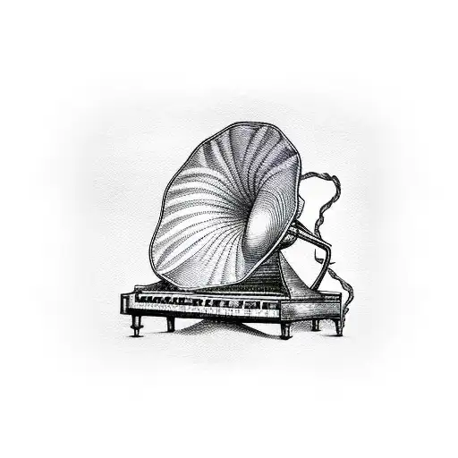 gramophone and piano keys with vines and flowers tattoo design idea