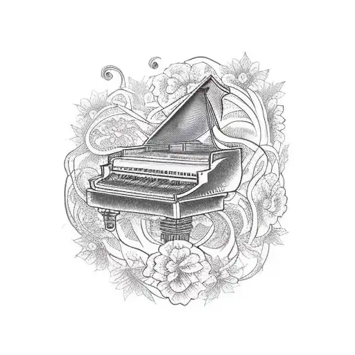 gramophone and piano keys with vines and flowers tattoo design idea
