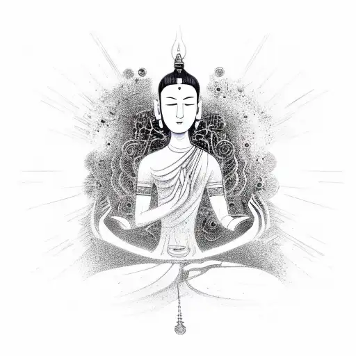 A serene meditating figure surrounded by cosmic energy tattoo design idea