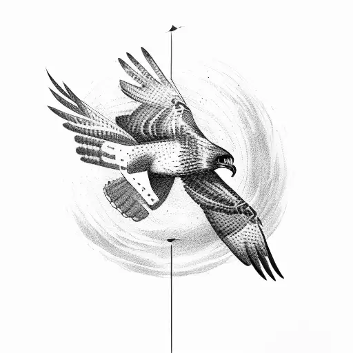 a hawk thats been shot with arrows and its flying over a mountain(realistic) tattoo design idea