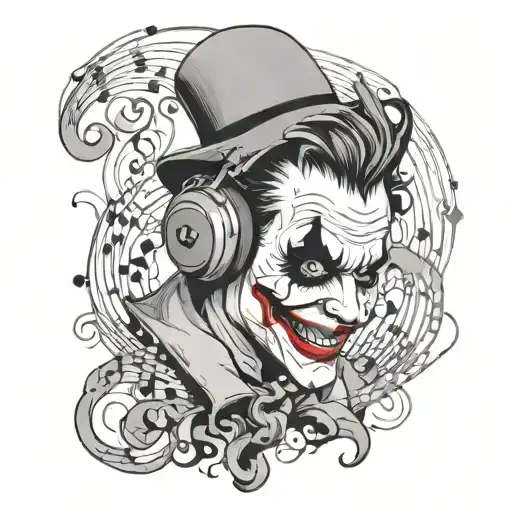 A whimsical design of a Joker wearing headphones and surrounded by swirling musical notes tattoo design idea