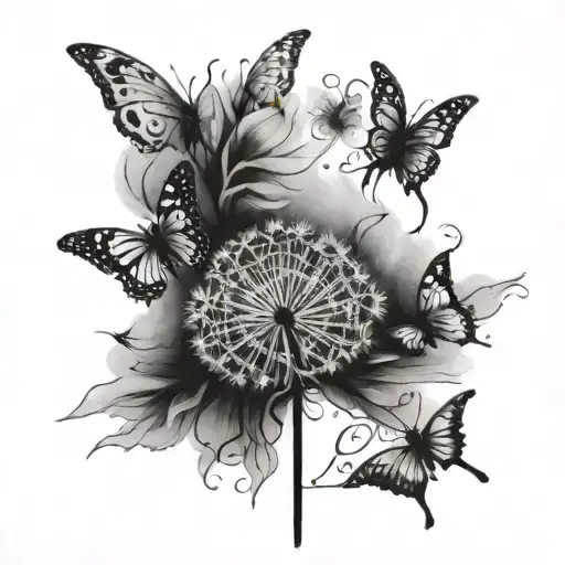 dandelion tattoo with butterflies and the letters LOML in cursive On women's shoulder tattoo design idea