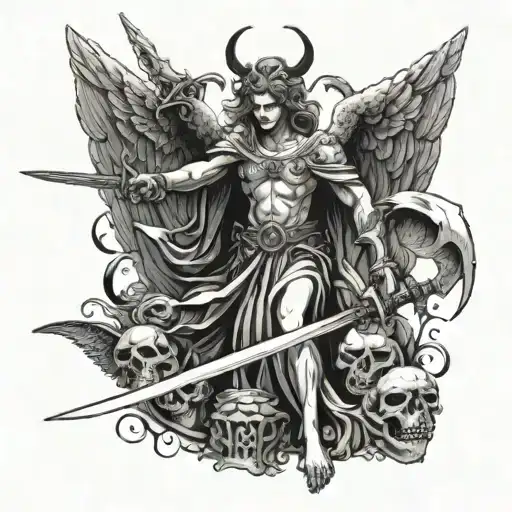 a angel with a sword killing a demon tattoo design idea