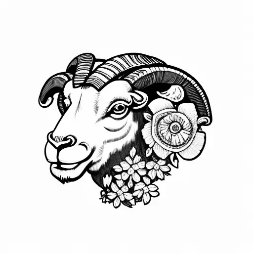ram head with flowers tattoo design idea