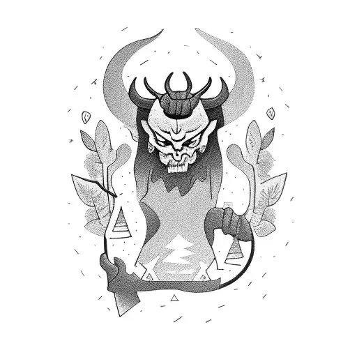 A demon playing a guitar in a forest clearing tattoo design idea