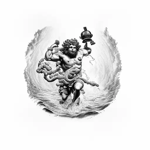 The greek god of hedonism Dionysus, holding a vase overflowing with wine running into a river. Framed. tattoo design idea