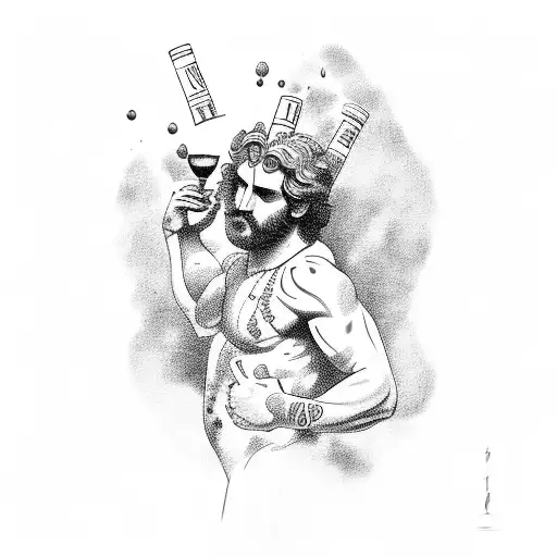 The greek god of hedonism Dionysus, holding a vase overflowing with wine, tattoo design idea