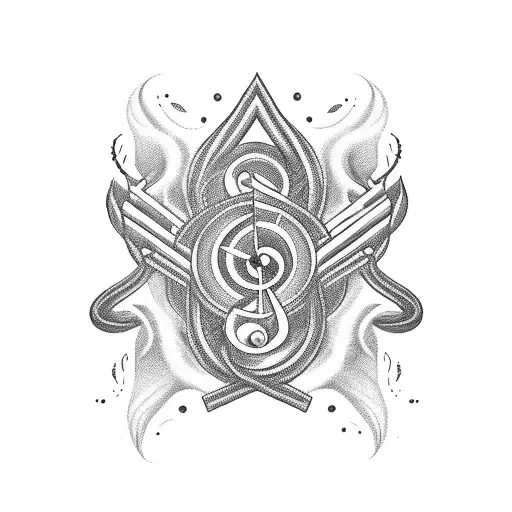 Tribal trident surrounded by music notes and smoke tendrils tattoo design idea