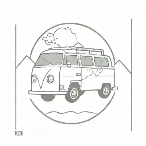A minimalist design of a campervan with a globe on top, symbolizing your goal of building your own campervan and exploring the world with your mom tattoo design idea