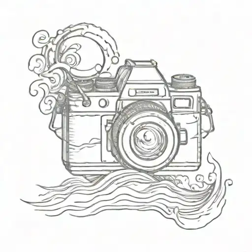 A sketch tattoo of a camera filming a heart-shaped wave, representing your love for the ocean and your ambition to become a filmmaker tattoo design idea