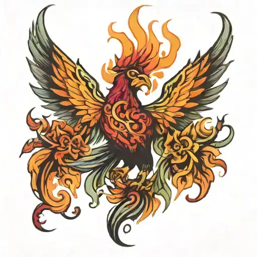 phoenix flower fire flames tattoo design idea