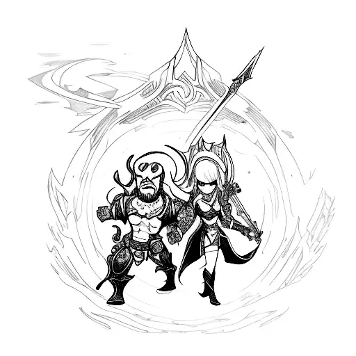 A sketch-style tattoo of two characters from League of Legends engaged in an epic battle, showcasing your shared passion for the game tattoo design idea