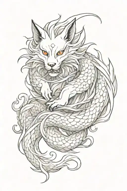 nine tailed fox and chinese dragon wrapped tattoo design idea