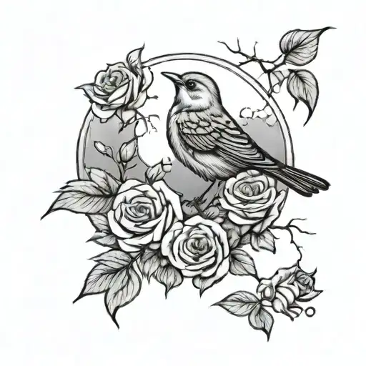 A bird singing under a full moon surrounded by roses tattoo design idea