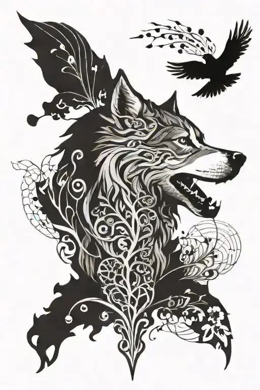 abstract husky with phoenix bird rising from the ashes of the map of lebanon with tree of life branches tattoo design idea