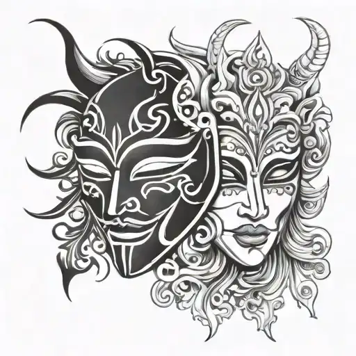 Two masks in tattoo style, vector graphics. Evil face behind the good mask. Black and white. Tattoo. Double face. Evil f tattoo design idea